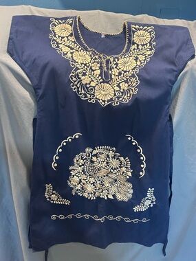 Embroidered Mexican Navy Blue womens dress with Cream Floral Motif embroidered